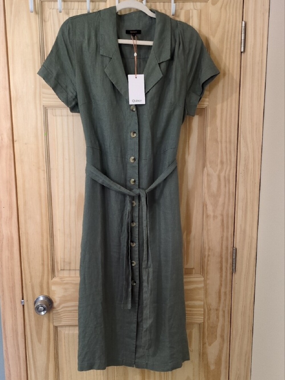 Quince Olive Green Short-Sleeve Button-Front Linen Dress